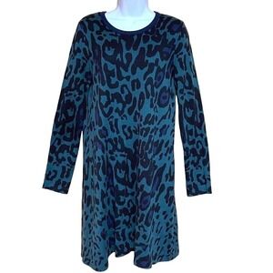 Carmen Marc Valvo Teal Black Navy Animal‎ Print Sweater Dress Long Sleeve Midi M